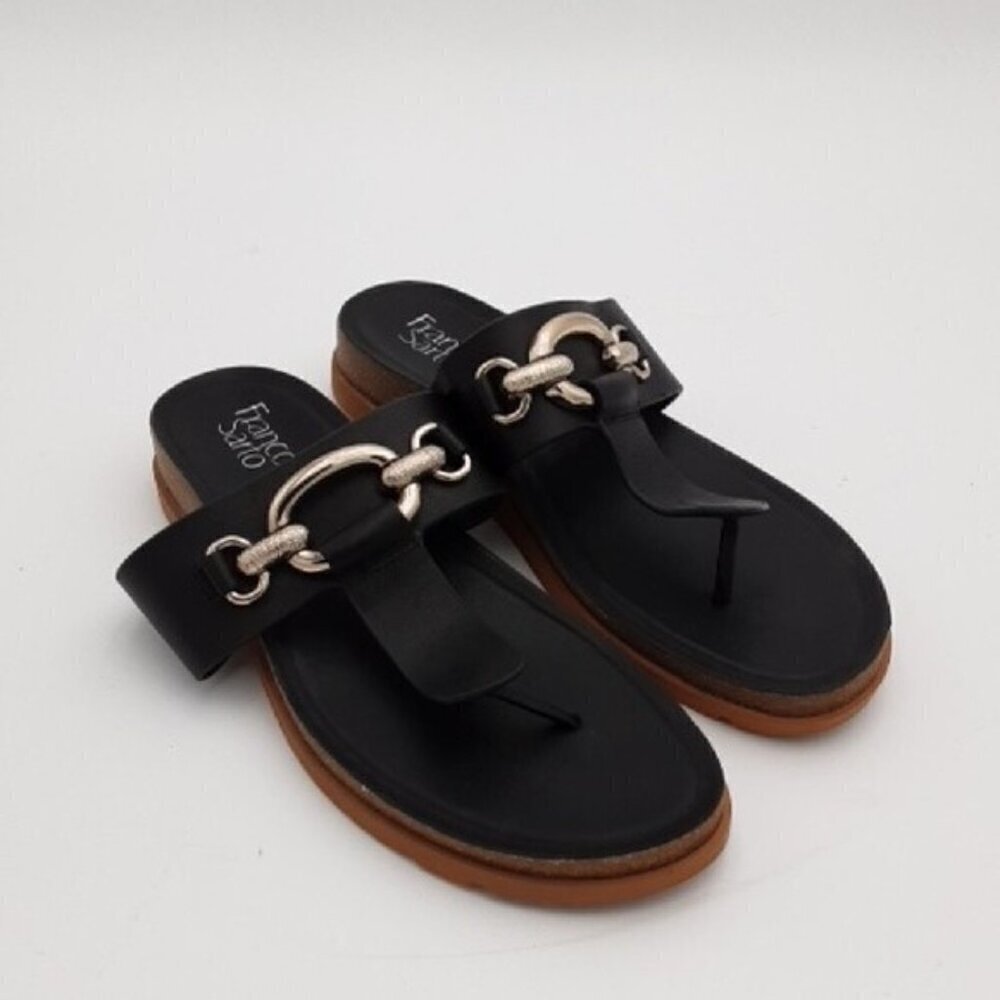Franco Sarto Brielle Black Sandals leather gold Accent vacation casual 9.5M Y2K